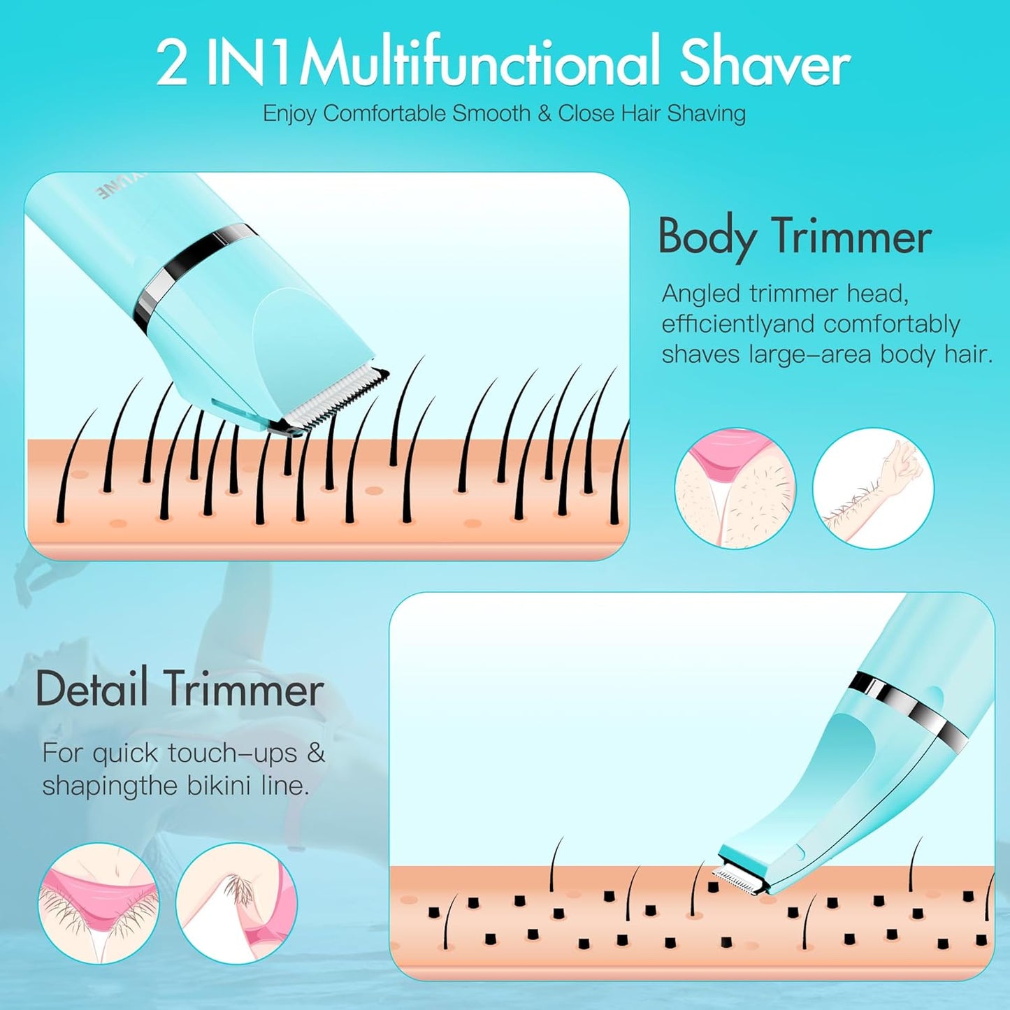 Women's Bikini Trimmer, Dual-purpose Electric Women's Pubic Hair Trimmer, and Handheld Two-Head Shaver Wet and dry use that is waterproof