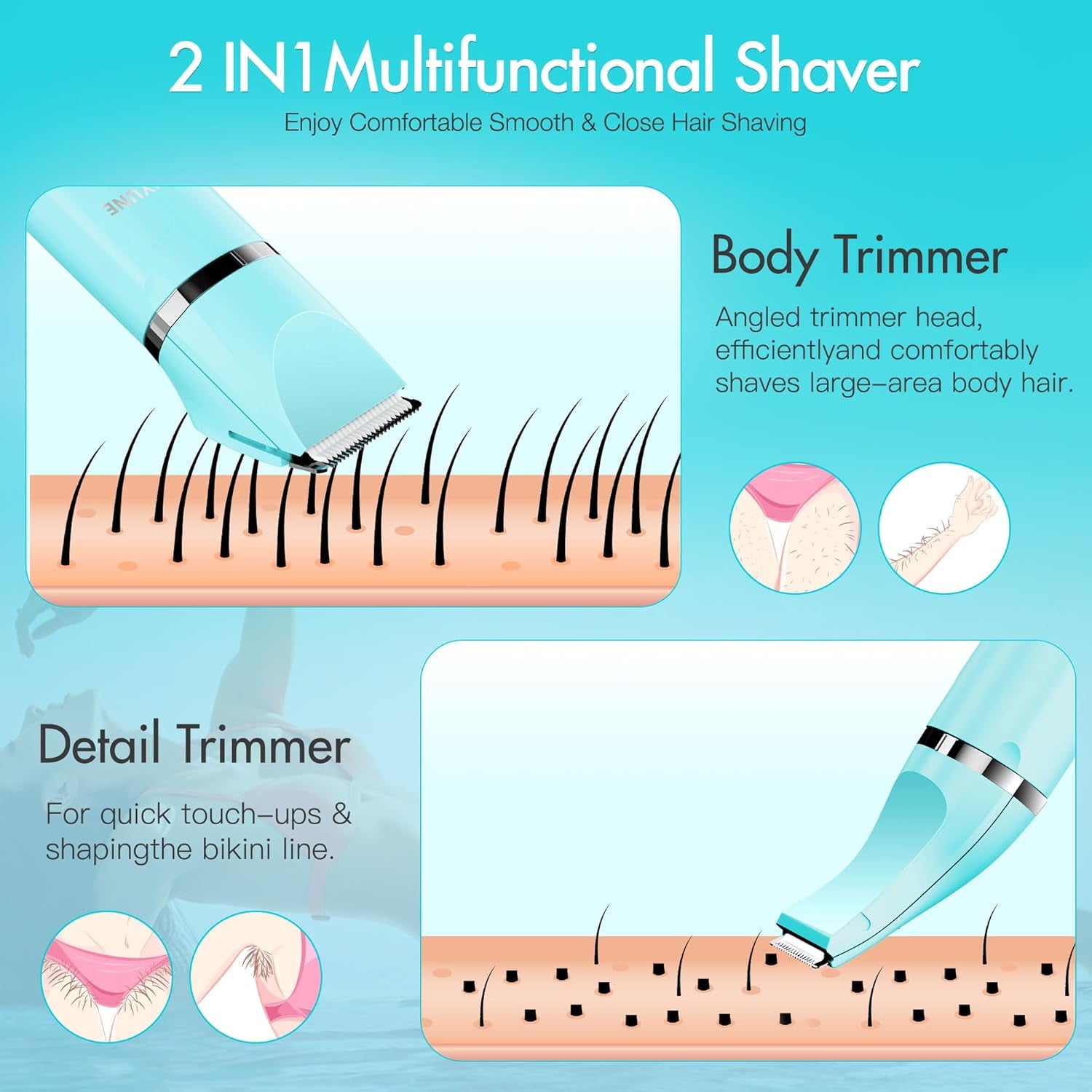 Women's Bikini Trimmer, Dual-purpose Electric Women's Pubic Hair Trimmer, and Handheld Two-Head Shaver  Wet and dry use that is waterproof